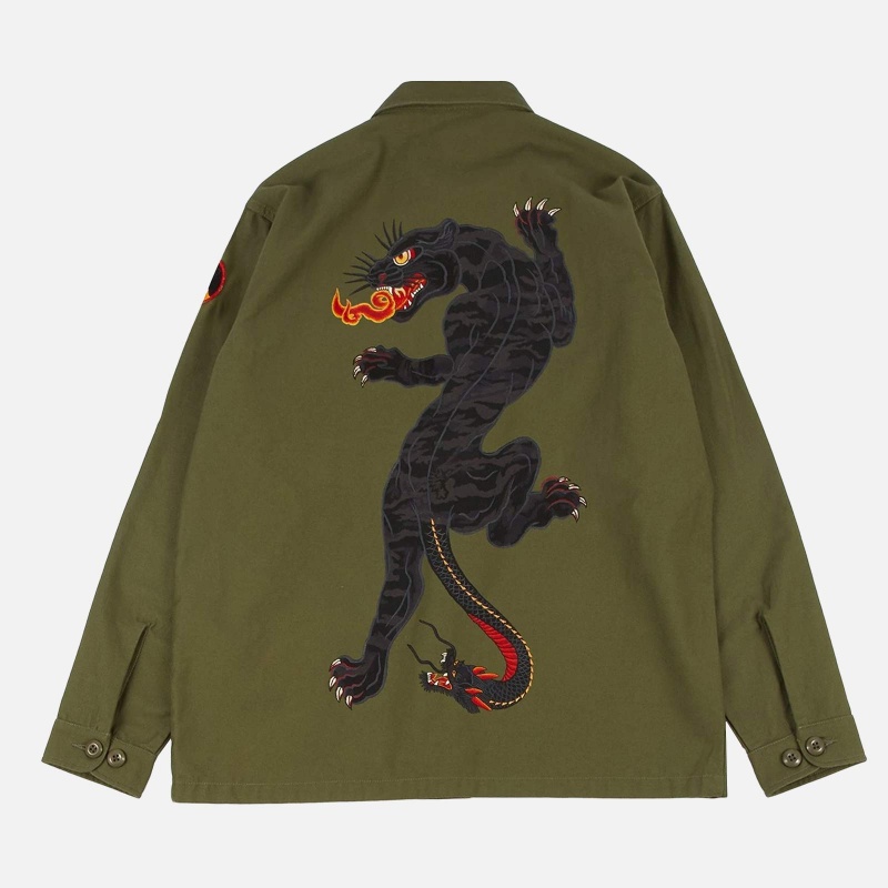 3583 Olive Panther Embroidered Shirt