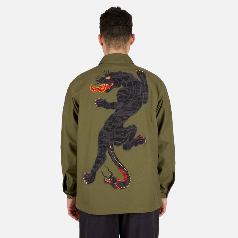 3583 Olive Panther Embroidered Shirt