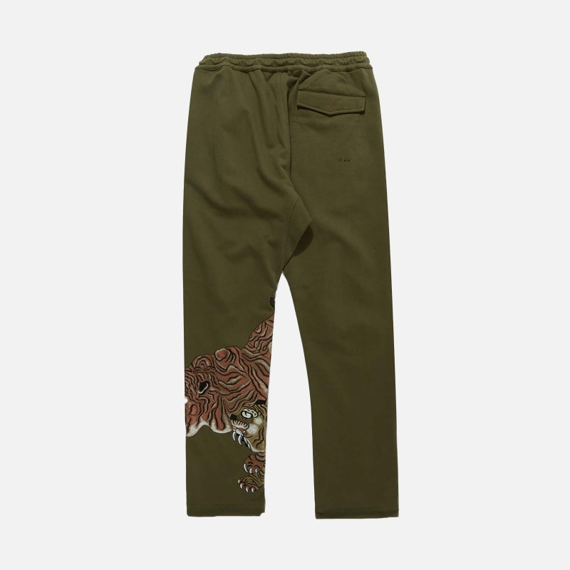 8086 OLIVE Dragon Tiger Embroidered Sweatpants